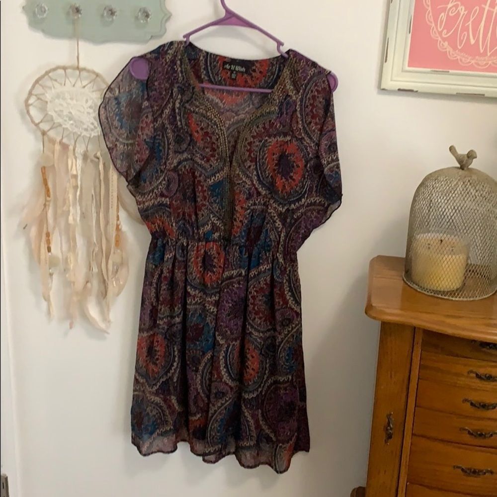 As U Wish Paisley Mini Dress Womens Medium Boho Chiffon Elastic Waist V-Neck